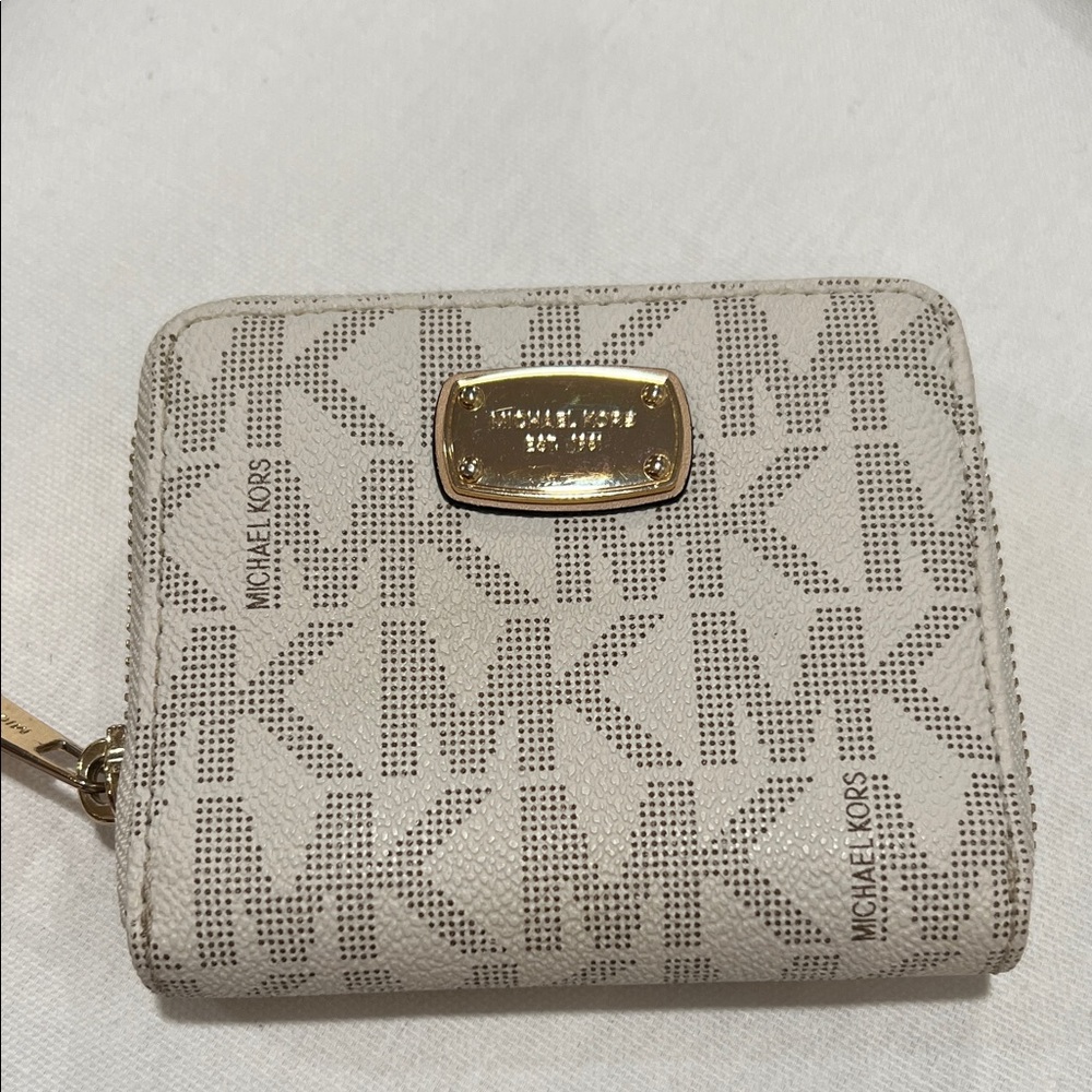 Michael Kors Cream MK Logo Zip-Around Wallet with Gold Plate